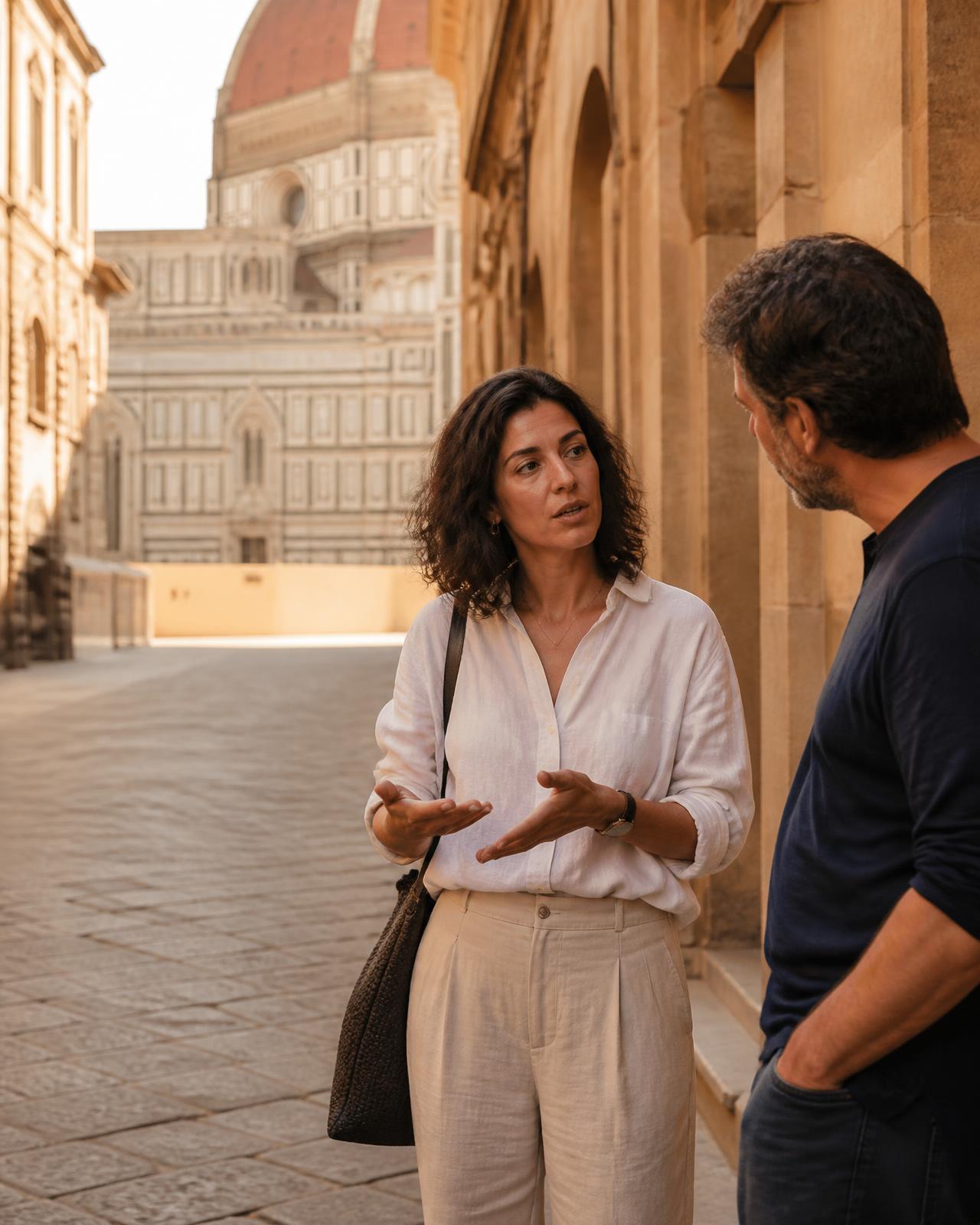 A local and a traveller talking on a sunlit street in Florence, with the Duomo behind them
